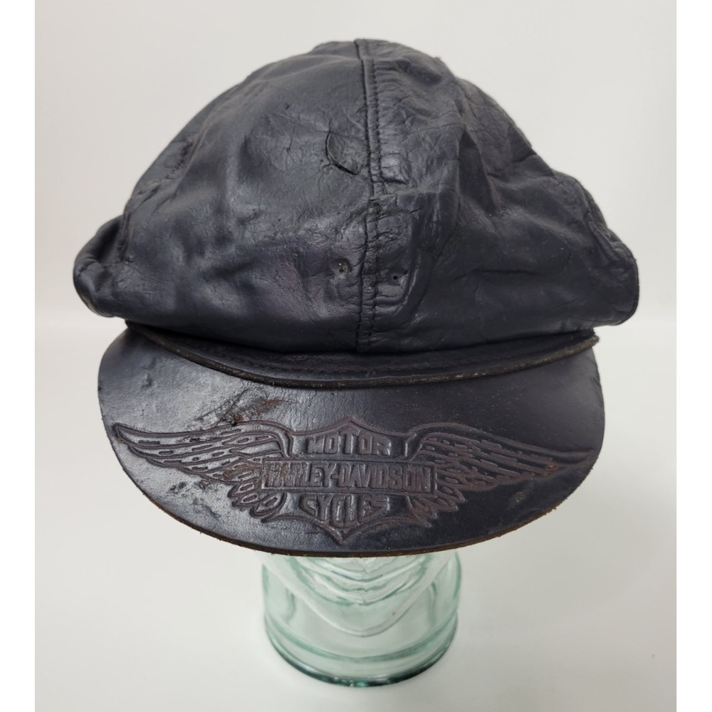 Vintage‎ Harley Davidson Leather Captain Cap Hat Embossed Winged Bar Shield Bill